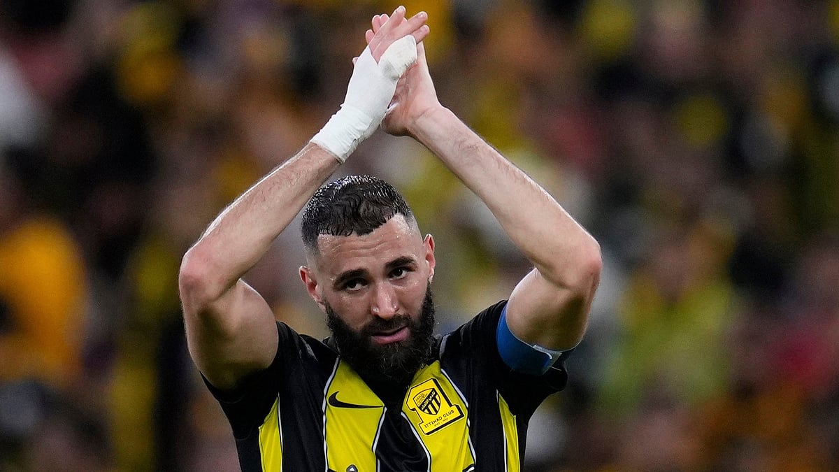 FILE - Al Ittihad's Karim Benzema celebrates at the end of the Soccer Club World Cup first round soccer match between Al Ittihad and Auckland City FC at King Abdullah Sports City stadium in Jeddah, Saudi Arabia, Dec. 12, 2023 - (AP Photo/Manu Fernandez, File)