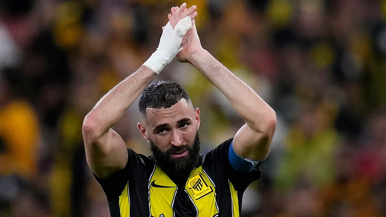 FILE - Al Ittihad's Karim Benzema celebrates at the end of the Soccer Club World Cup first round soccer match between Al Ittihad and Auckland City FC at King Abdullah Sports City stadium in Jeddah, Saudi Arabia, Dec. 12, 2023 - (AP Photo/Manu Fernandez, File)