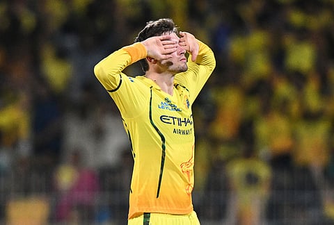 Chennai Super Kings' Noor Ahmed celebrates the wicket of Kolkata Knight Riders' captain Ajinkya Rahane during the Indian Premier League cricket match between Chennai Super Kings and Kolkata Knight Riders in Chennai.