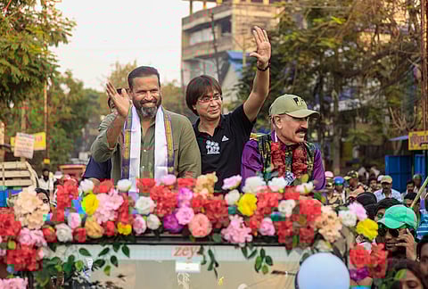 Trinamool Congress MP Yusuf Pathan campaigns with party candidate Rana Chatterjee for the Shibpur constituency ahead of the West Bengal Assembly elections, in Howrah.