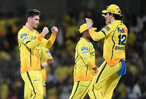 Chennai Super Kings' Noor Ahmed and Dewald Brevis celebrates the wicket of Kolkata Knight Riders' Cameron Green during the Indian Premier League cricket match between Chennai Super Kings and Kolkata Knight Riders in Chennai.