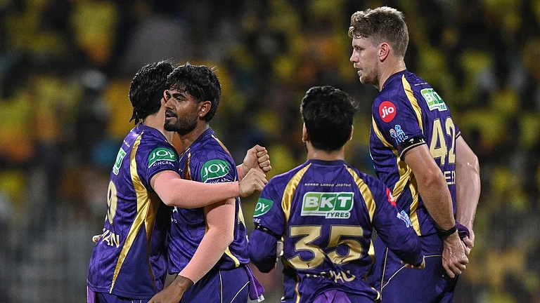 Anukul Roy, second left, celebrates with teammates the wicket of Ruturaj Gaikwad during the Indian Premier League match between Chennai Super Kings and Kolkata Knight Riders in Chennai. - AP