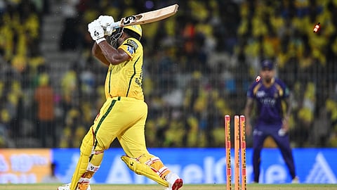 Sanju Samson is bowled out by Kartik Tyagi during the Indian Premier League match between Chennai Super Kings and Kolkata Knight Riders in Chennai. 