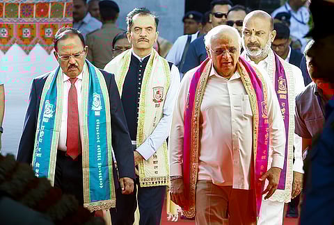 Gujarat Chief Minister Bhupendra Patel, National Security Advisor Ajit Doval and others during the convocation ceremony of Rashtriya Raksha University, in Gandhinagar, Gujarat.