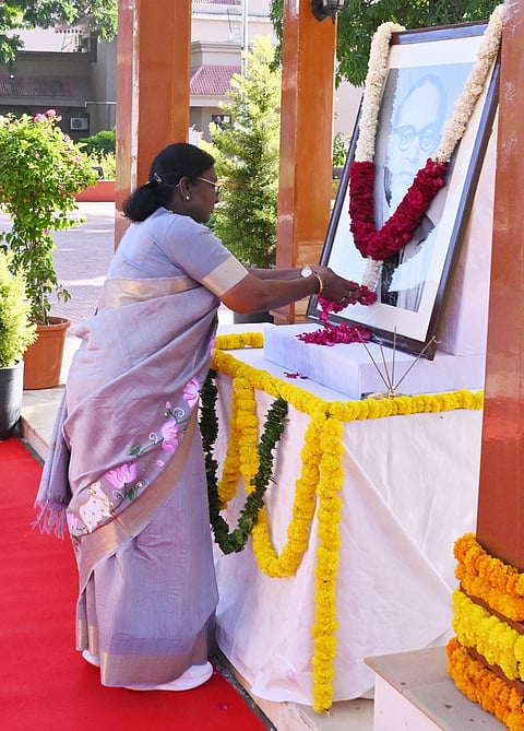President Droupadi Murmu pays floral tribute to the portrait of Dr BR Ambedkar on his birth anniversary, observed as ‘Ambedkar Jayanti’, at Lok Bhavan, in Gandhinagar, Gujarat. 