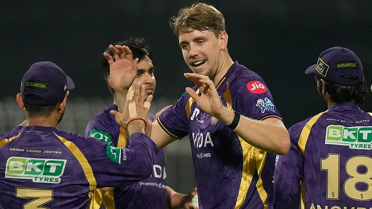 Kolkata Knight Riders' Cameron Green celebrates with teammates the wicket of Lucknow Super Giants' captain Rishabh Pant during their Indian Premier League match in Kolkata. - AP/Bikas Das