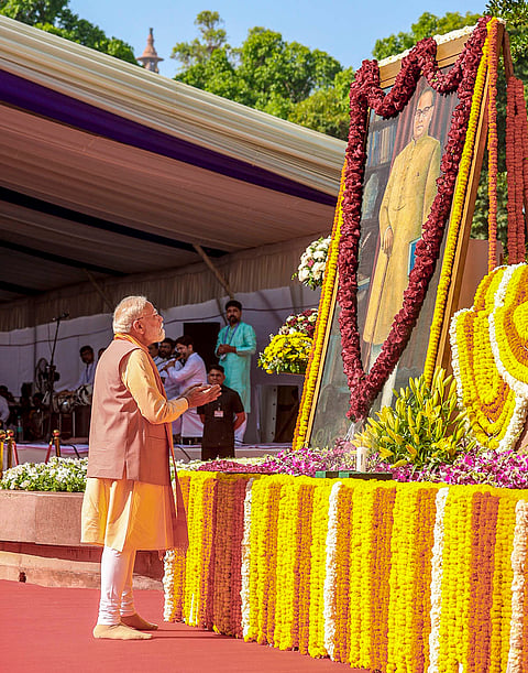 Prime Minister Narendra Modi pays tribute to the portrait of Dr BR Ambedkar on his birth anniversary, observed as ‘Ambedkar Jayanti’, at Prerna Sthal, Samvidhan Sadan, in New Delhi.