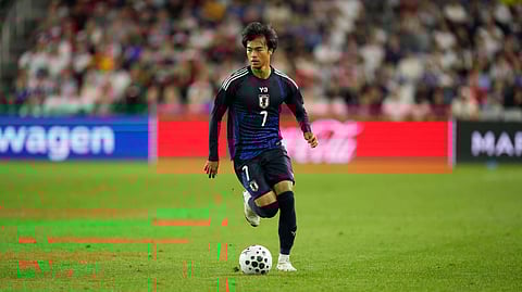 Japan's Kaoru Mitoma (7) controls the ball during a friendly soccer match against the United States, Tuesday, Sept. 9, 2025, in Columbus, Ohio.