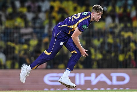 Kolkata Knight Riders' Cameron Green bowls a delivery during the Indian Premier League cricket match between Chennai Super Kings and Kolkata Knight Riders in Chennai.