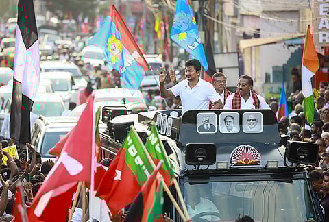 DMK leader and Tamil Nadu Deputy Chief Minister Udhayanidhi Stalin campaigns for party candidates R Mahesh (Kanyakumari) and S Austin (Nagercoil) during the Assembly election campaign at Vetturnimadam, in Nagercoil, Kanyakumari district.