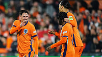 | Photo: AP/Peter Dejong : Netherlands' Tijjani Reijnders, left, celebrates after scoring his side second goal during the UEFA Nations League quarterfinal first leg match between the Netherlands and Spain at De Kuip stadium in Rotterdam, Netherlands, Thursday, March 20, 2025.