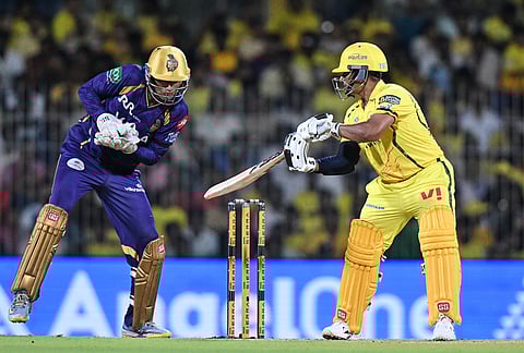 Chennai Super Kings' Sarfaraz Khan plays a shot during the Indian Premier League cricket match between Chennai Super Kings and Kolkata Knight Riders in Chennai.
