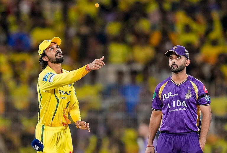 Chennai Super Kings' captain Ruturaj Gaikwad, left, and Kolkata Knight Riders' captain Ajinkya Rahane at toss during the Indian Premier League (IPL) 2026 T20 cricket match between Chennai Super Kings and Kolkata Knight Riders, at MA Chidambaram Stadium in Chennai, Tamil Nadu. KKR chose to field. - | Photo: PTI/R Senthilkumar