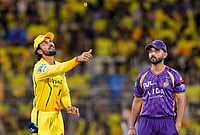 CSK Vs KKR, IPL 2026: See Best Photos From Indian Premier League Match 22 At Chennai's MA Chidambaram Stadium | Photo: PTI/R Senthilkumar : Chennai Super Kings' captain Ruturaj Gaikwad, left, and Kolkata Knight Riders' captain Ajinkya Rahane at toss during the Indian Premier League (IPL) 2026 T20 cricket match between Chennai Super Kings and Kolkata Knight Riders, at MA Chidambaram Stadium in Chennai, Tamil Nadu. KKR chose to field.