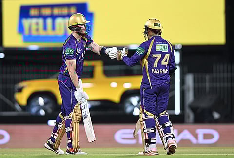 Kolkata Knight Riders' Sunil Narine, right, , left, fist bumps with his batting partner Finn Allen during the Indian Premier League cricket match between Chennai Super Kings and Kolkata Knight Riders in Chennai.