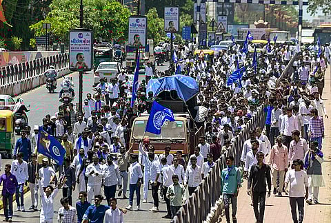 Followers of Dr BR Ambedkar take out a procession on the occasion of ‘Ambedkar Jayanti’, in Rajkot, Gujarat.