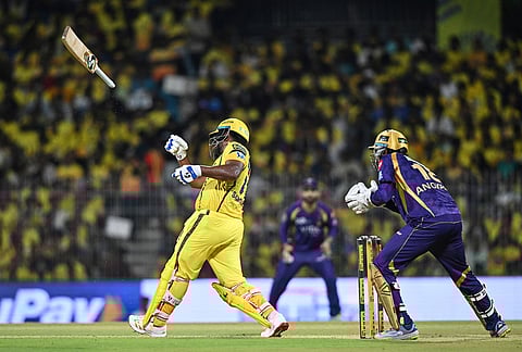 Chennai Super Kings' Sanju Samson loses his grip on the bat during the Indian Premier League cricket match between Chennai Super Kings and Kolkata Knight Riders in Chennai.