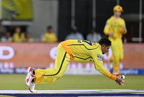 Chennai Super Kings' Sarfaraz Khan drops a catch of Kolkata Knight Riders' captain Ajinkya Rahane during the Indian Premier League cricket match between Chennai Super Kings and Kolkata Knight Riders in Chennai.