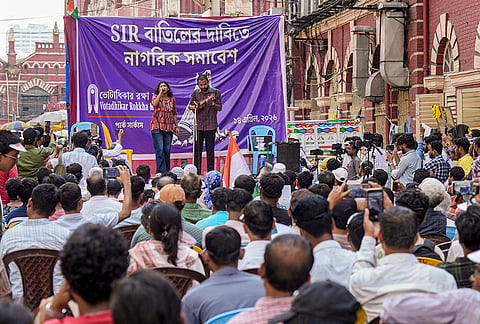 Members of Votadhikar Raksha Mancha stage a protest demanding voting rights for deleted voters ahead of the West Bengal Assembly elections, in Kolkata.