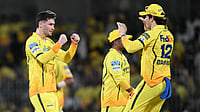 Photo: AP : Chennai Super Kings' Noor Ahmed and Dewald Brevis celebrate the wicket of Kolkata Knight Riders' Cameron Green during their Indian Premier League match in Chennai.