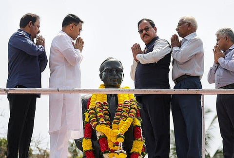 Goa Chief Minister Pramod Sawant, second left, pays tribute to BR Ambedkar on his birth anniversary, in Panaji. 