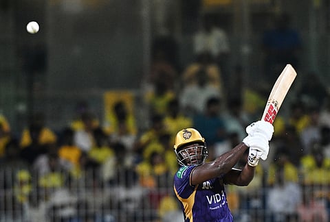 Kolkata Knight Riders' Rovman Powell plays a shot during the Indian Premier League cricket match between Chennai Super Kings and Kolkata Knight Riders in Chennai.