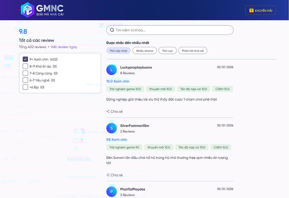 GMNC website showing user reviews