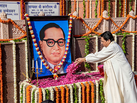 BSP supremo Mayawati pays floral tribute to the portrait of Dr BR Ambedkar on his birth anniversary, observed as ‘Ambedkar Jayanti’, in Lucknow, Uttar Pradesh.