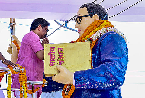 Jharkhand Chief Minister Hemant Soren pays tribute to BR Ambedkar on his birth anniversary, in Ranchi.