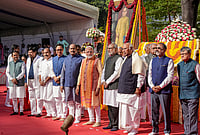 | Photo: PTI/Arun Sharma : Vice-President CP Radhakrishnan in a group photograph with Prime Minister Narendra Modi, Lok Sabha Speaker Om Birla, Union Minister Kiren Rijiju, MoS Ramdas Athawale, Congress President and Rajya Sabha LoP Mallikarjun Kharge, and others during the tribute paying ceremony to Dr BR Ambedkar on his birth anniversary, observed as ‘Ambedkar Jayanti’, at Prerna Sthal, Samvidhan Sadan, in New Delhi.