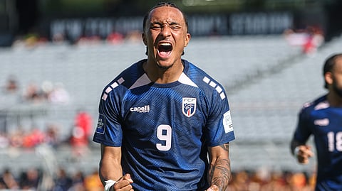 Cape Verde's Dailon Livramento celebrates after scoring a goal against Chile during their international soccer friendly in Auckland, New Zealand, Friday, March 27, 2026.
