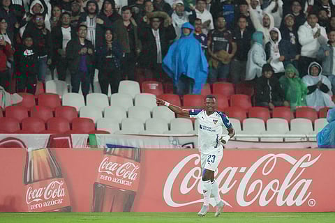 Yerlin Quinonez of Ecuador's Liga Deportiva Universitaria celebrates scoring his side's opening goal against Brazil's Mirassol during a Copa Libertadores Group G soccer match in Quito, Ecuador.