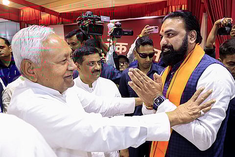 JD(U) chief and outgoing Bihar Chief Minister Nitish Kumar meets the newly-sworn CM Samrat Choudhary during the swearing-in ceremony, at Lok Bhawan, in Patna.