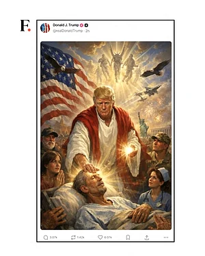 IMAGO / Bestimage : After strongly criticizing the Pope, Donald Trump posted a photo of himself portraying Jesus Christ, before deleting it, on April 13, 2026 Trumps Truth Social platform via Bestimage After strongly criticizing the Pope, Donald Trump posted a photo of himself portraying Jesus Christ, before deleting it