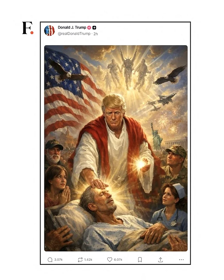 After strongly criticizing the Pope, Donald Trump posted a photo of himself portraying Jesus Christ, before deleting it, on April 13, 2026 Trumps Truth Social platform via Bestimage After strongly criticizing the Pope, Donald Trump posted a photo of himself portraying Jesus Christ, before deleting it - IMAGO / Bestimage
