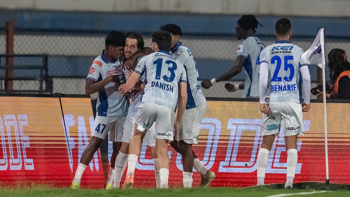 Kerala Blasters players celebrate after scoring during the Indian Super League match against Bengaluru FC on April 11, 2026. - | Photo: AIFF