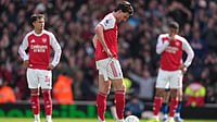 Arsenal Vs Sporting CP Preview, UEFA Champions League: Head-To-Head, Lineups, Live Streaming – All You Need To Know | Photo: AP/Dave Shopland : Arsenal's Declan Rice stands dejeted after conceding a goal during the Premier League soccer match between Arsenal and Bournemouth in London, England Saturday, April 11, 2026.