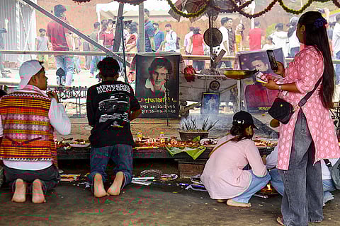 People pay tribute to late singer Zubin Garg on ‘Rongali Bihu’ (Assamese New Year), at Zubeen Khetra, in Guwahati district.