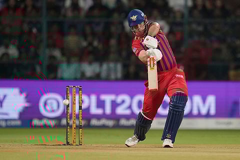 Lucknow Super Giants' Mitchell Marsh plays a shot during the Indian Premier League cricket match between Royal Challengers Bengaluru and Lucknow Super Giants in Bengaluru, India.