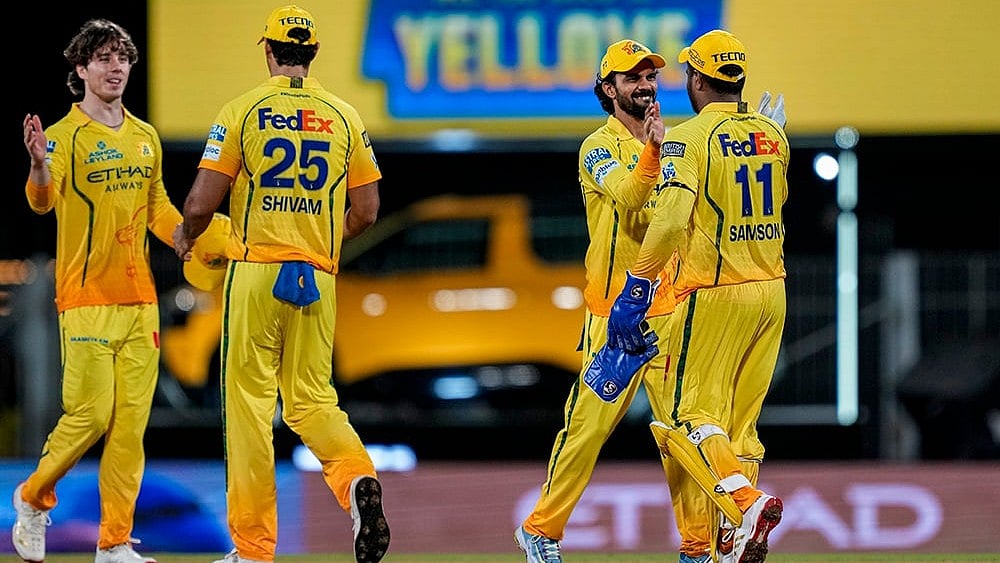 Chennai Super Kings' captain Ruturaj Gaikwad, second right, with teammates celebrates after winning the Indian Premier League (IPL) 2026 T20 cricket match between Chennai Super Kings and Kolkata Knight Riders, at MA Chidambaram Stadium in Chennai, Tamil Nadu.  - | Photo: PTI/R Senthilkumar