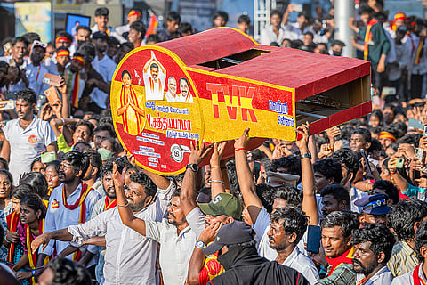 Tamilaga Vettri Kazhagam (TVK) chief and candidate from the Tiruchirappalli East constituency, Vijay, during a roadshow ahead of the Tamil Nadu Assembly elections, in Tiruppur.