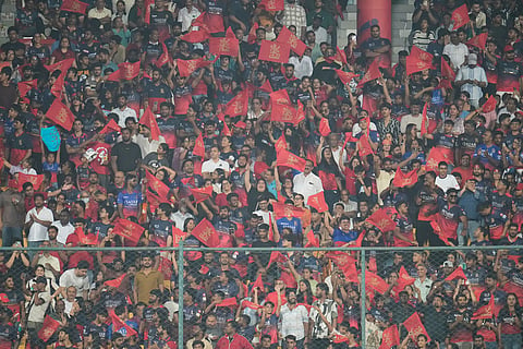 Royal Challengers Bengaluru supporters cheers after Tim David hits a boundary during the Indian Premier League cricket match between Royal Challengers Bengaluru and Lucknow Super Giants in Bengaluru, India.