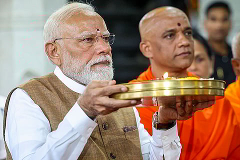In this image released on April 15, 2026, Prime Minister Narendra Modi during the inauguration of the Guru Bhairavaikya Mandira of Adichunchanagiri Math, in Mandya district, Karnataka. The Mandira is a memorial dedicated to the revered seer, Sri Balagangadharanatha Mahaswami, the 71st Pontiff of the Math, revered by the dominant Vokkaliga community.