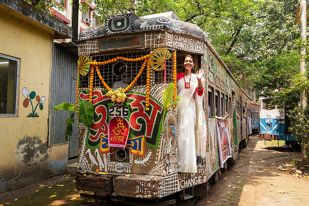 WB polls: CPI (M) Afreen Begum takes part in Save Tram event