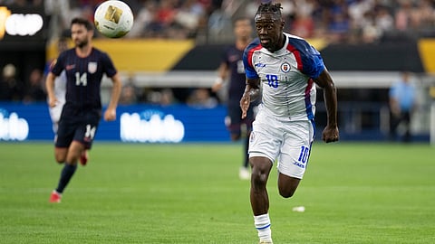 Haiti's Louicius Don Deedson (10) keeps an eye on the ball during a CONCACAF Gold Cup soccer match against the United States Sunday, June 22, 2025, in Arlington, Texas. 