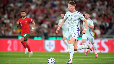 Scotland's Scott McTominay controls the ball during the UEFA Nations League soccer match between Portugal and Scotland at the Luz stadium in Lisbon, Portugal, Sunday, Sept. 8, 2024. 