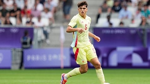 Spain's Pau Cubarsi look on during the men's Group C soccer match between Dominican Republic and Spain at the Bordeaux stadium at the 2024 Summer Olympics, Saturday, July 27, 2024, in Bordeaux, France.