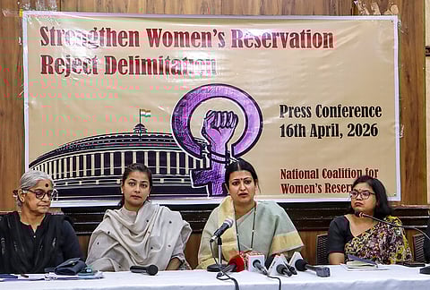 Congress MPs Praniti Shinde, second left, and Prabha Mallikarjun, second right, CPI (M) leader Annie Raja, left, and others address a press conference on Women’s Reservation Bill, in New Delhi.