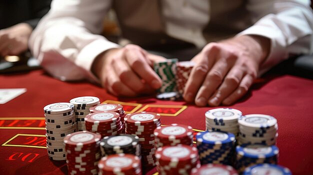 Mans hands holding poker chips on a red casino table