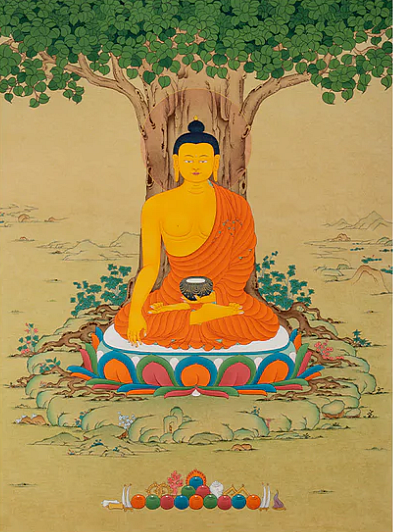 Thangka painting of Buddha meditating under a Bodhi tree
